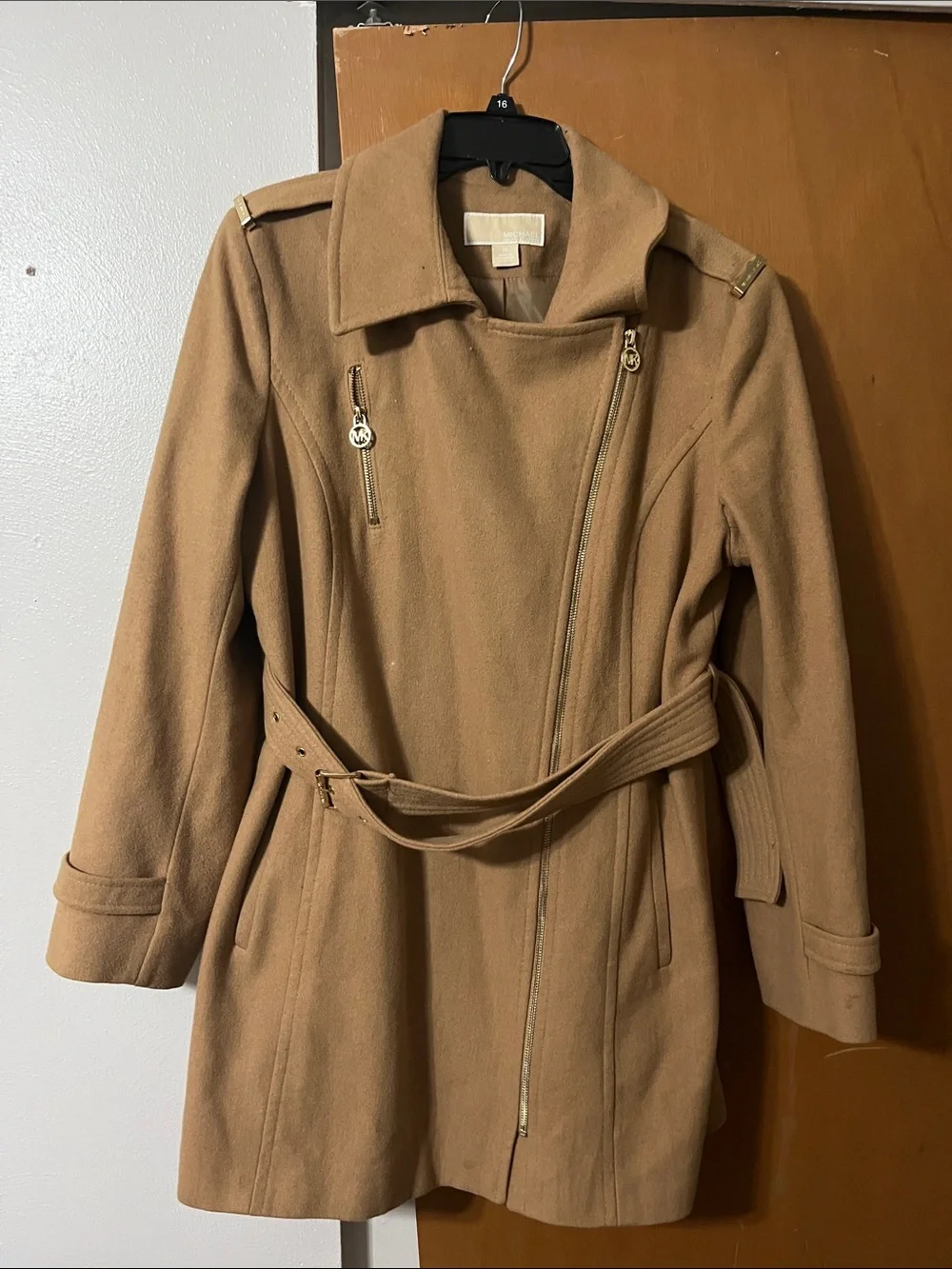Michael Kors Camel Tan Wool Blend Belted Trench Coat with Gold Hardware